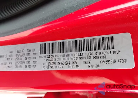 2019 Ram 1500 Big Horn/Lone Star 4X4 5'7 Box из США, поврежденный, VIN 1C6SRFFT1KN650004